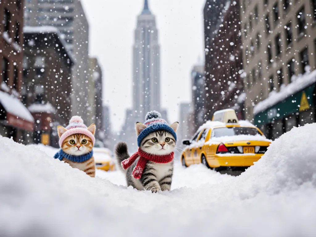 Cats in snowy NYC diorama